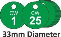 Show product details for 33mm dia. Traffolite Valve Tags Packs of 25